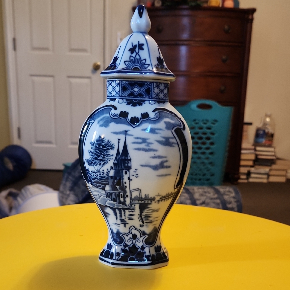 Blue and White Ceramic Vase with Lid